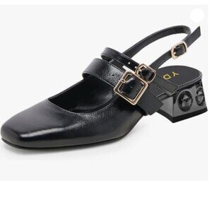 YDN Women Slingback Closed Square Toe Crystals Heel Pumps Strappy Buckle Black